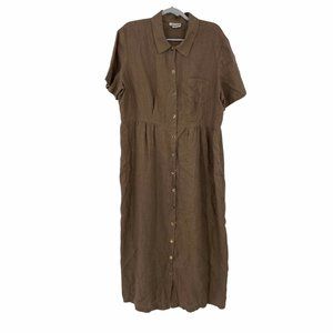 Match Vintage Linen Midi Dress 16 Brown Cottage Core Short Sleeve